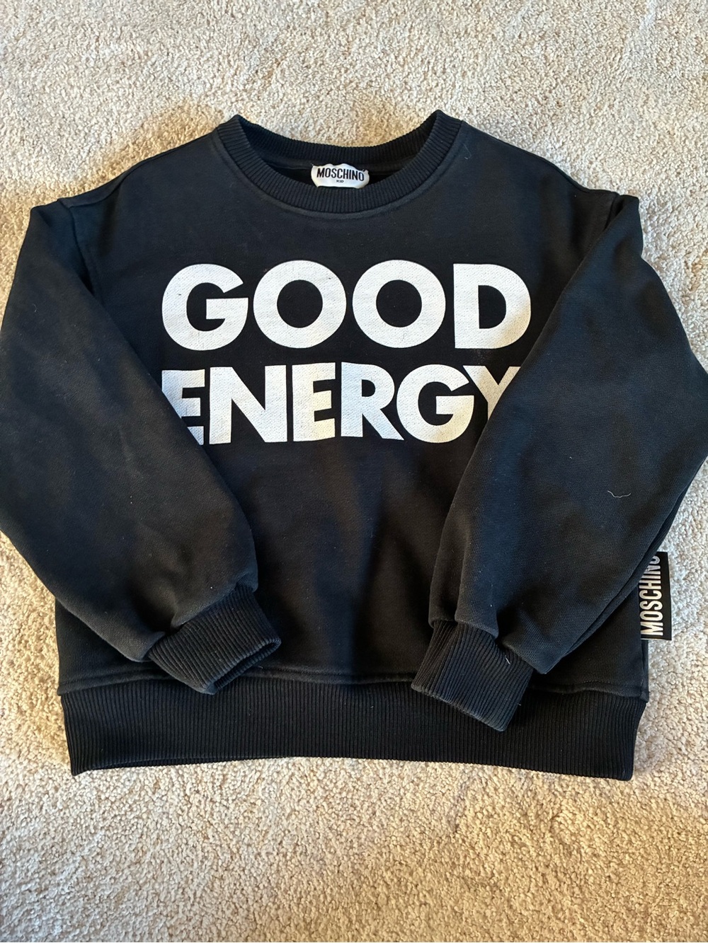 Moschino Black Crewneck Sweater with White 'GOOD ENERGY' Print